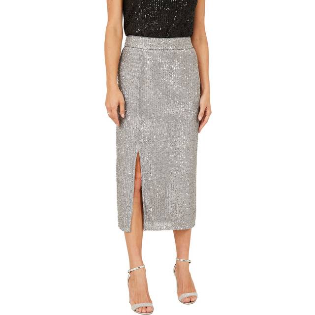 Yumi Silver Sequin Fitted Skirt With Front Slit - Size 8 UK - Yumi
