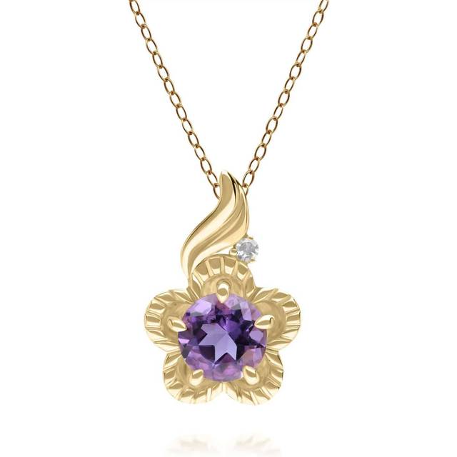 Floral Round Amethyst & Diamond Pendant in 9ct Yellow Gold