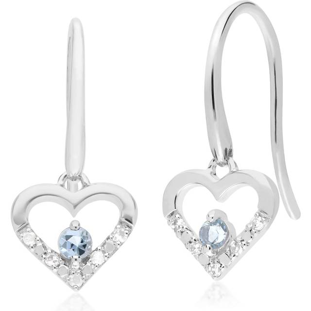 Classic Round Aquamarine & Diamond Love Heart Shaped Drop Earrings in 9ct White Gold