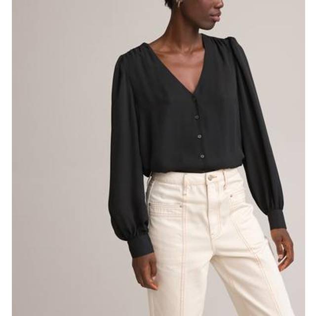 V-Neck Long Sleeve Blouse - Black - 6