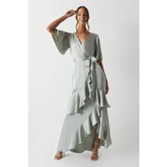 Wrap Front Waterfall Satin Fishtail Maxi Dress - Sage - 10