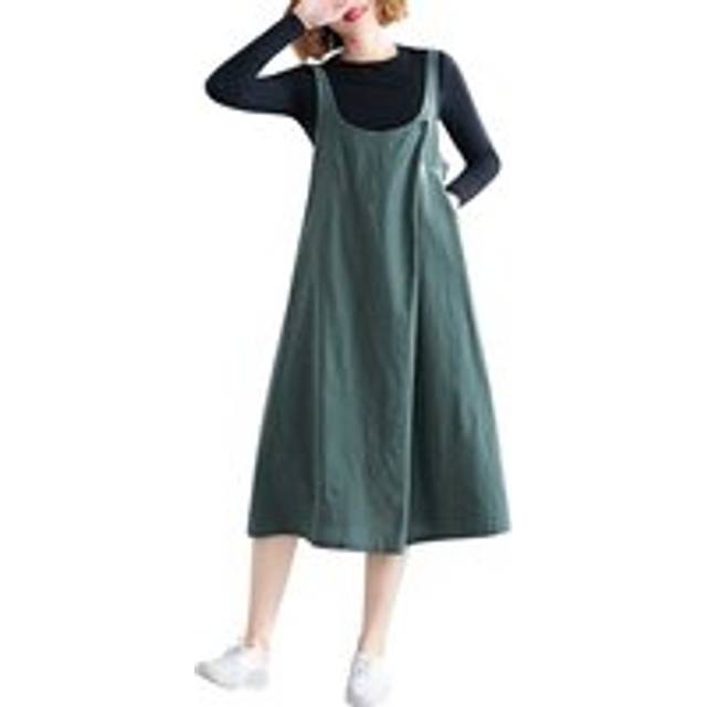 Women Cotton Linen Pinafore Dress Wide Straps Buttoned Chest Pockets Open Back A Line Casual Loose M dark green
