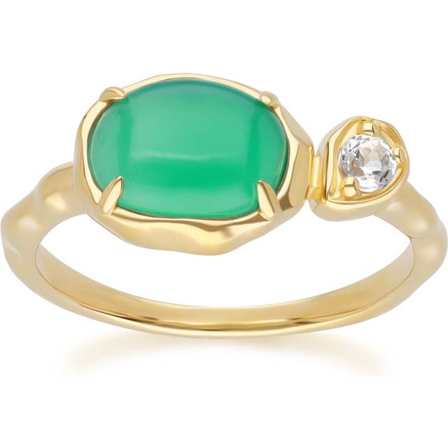 Irregular Oval Dyed Green Chalcedony & Topaz Ring In 18ct Gold Plated SterlIng Silver