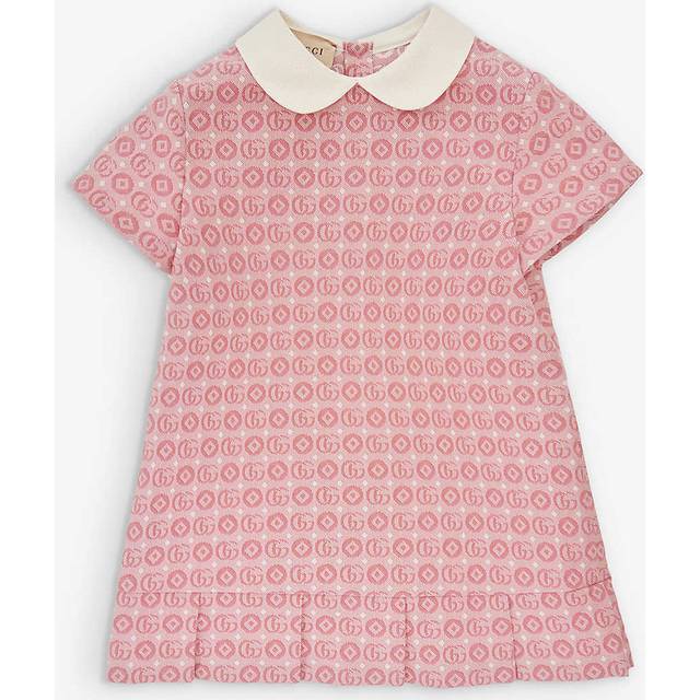 Gucci Pink/mc Kids Monogram-pattern Peter-pan Collar Cotton-blend Mini Dress 12-36 Months 12-18