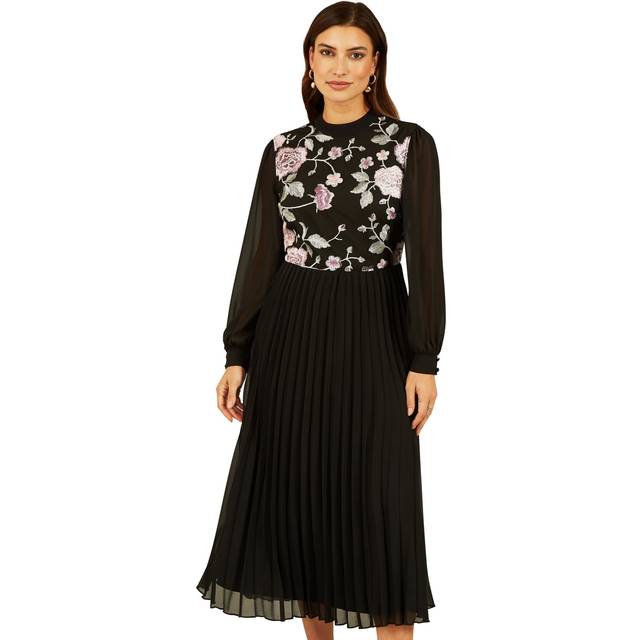 Yumi Long Sleeve Embroidered Midi Dress With Pleats - Black - Size 12 - Yumi