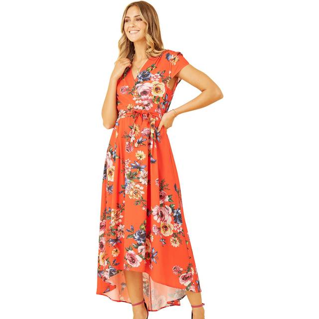 Mela Orange Floral Wrap Dip Hem Dress - Size 26 UK - Mela