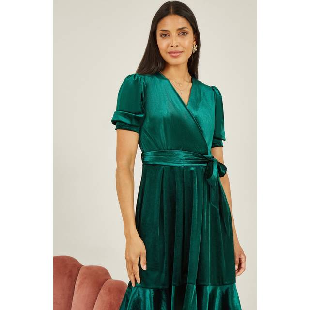 Mela London Womens Green Velvet Wrap Skater Dress With Bow Belt - Size 8 UK