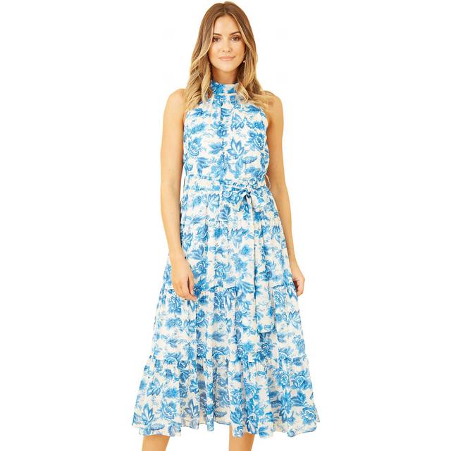 Yumi Blue Leaf Print Halter Neck Midi Dress - Size 8 UK - Yumi