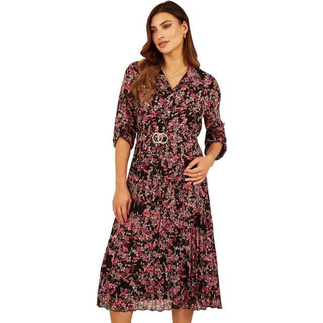 Mela Black Blossom Print Pleated Midi Dress - Size 8 UK - Mela