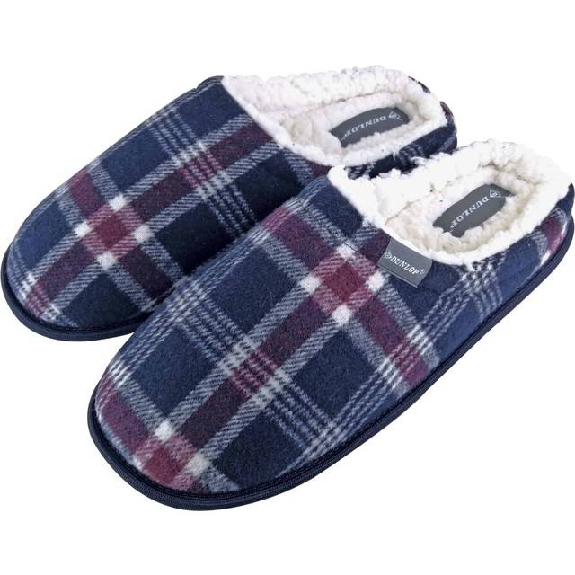 Dunlop - Mens Warm Plush Fleece Lined Slip on Mule Checked Plaid House Slippers - Navy - Size 7 (UK Shoe)