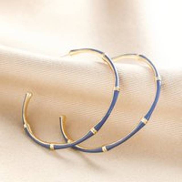 Blue Enamel Bamboo Style Hoop Earrings in Gold - gold/blue - one size