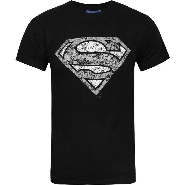 Superman Official Mens Distressed Silver Logo T-Shirt S svart