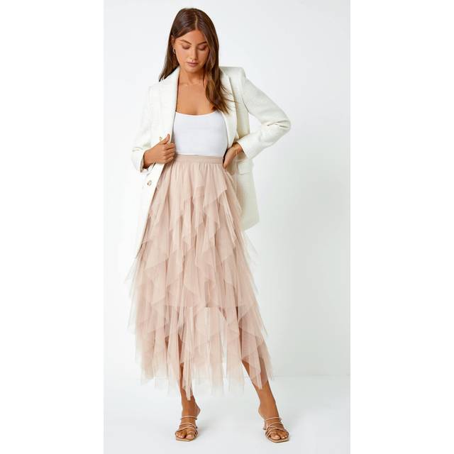 Elastic Waist Mesh Layered A Line Skirt - Natural - 10