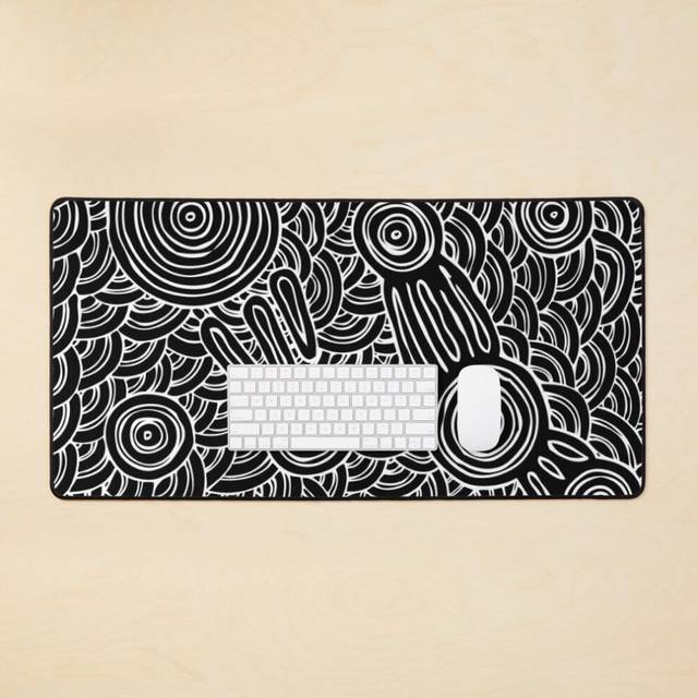 Desk Mat Authentic Aboriginal Art - Meeting Places B&W Large Gaming Mouse Pad 35x16 inch
