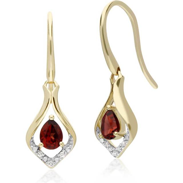 Classic Pear Garnet & Diamond Leaf Halo Drop Earrings in 9ct Yellow Gold