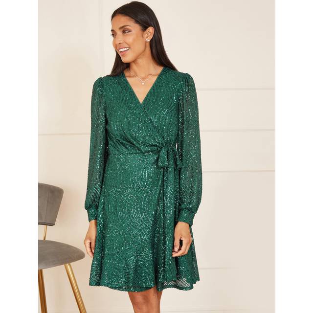 Green Sequin Long Sleeve Frill Wrap Dress - 16