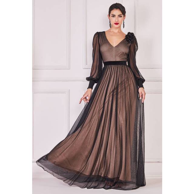 Goddiva Corsage V-Neck Dobby Mesh Maxi - Black - 18