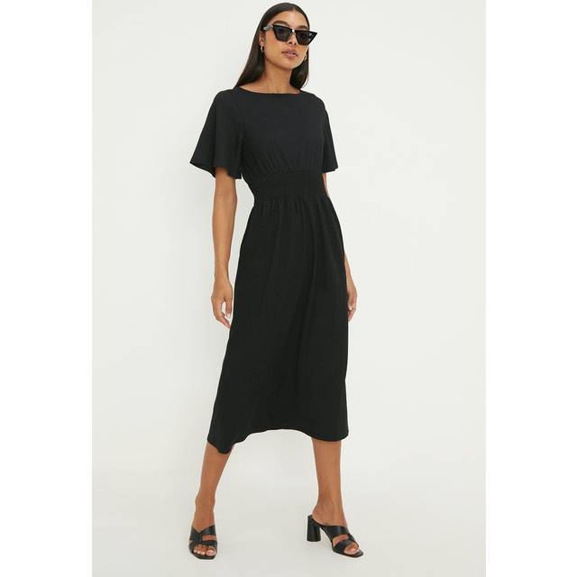 Womens Black Shirred Waist Short Sleeve Midi Dress - 10