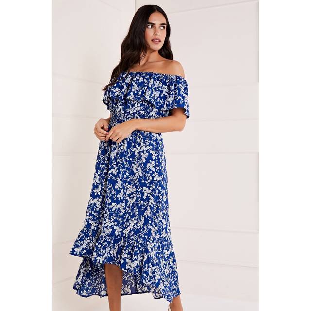 Mela Blue Ditsy Print Bardot Dipped Hem Dress - Size 26 UK - Mela