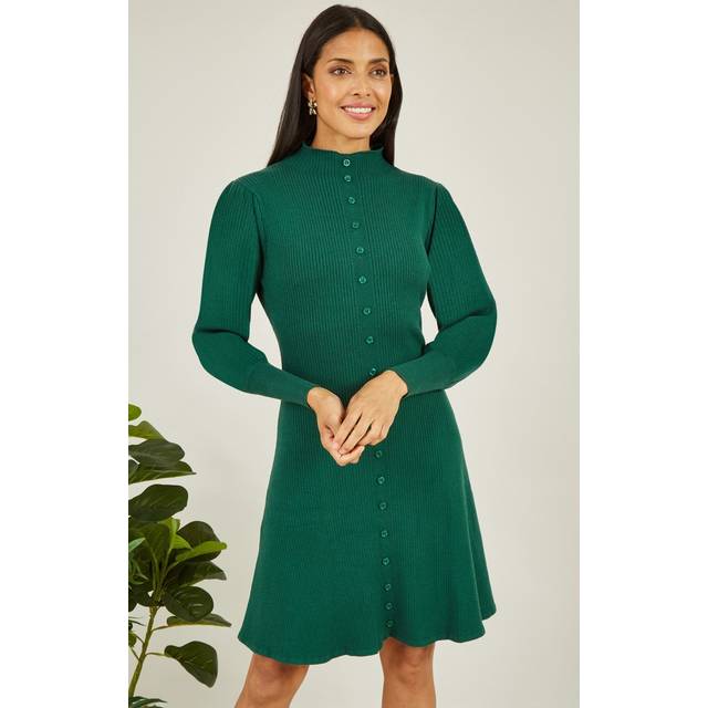 Yumi Womens Green Knitted Button Up Midi Dress With Balloon Sleeves Viscose - Size Medium