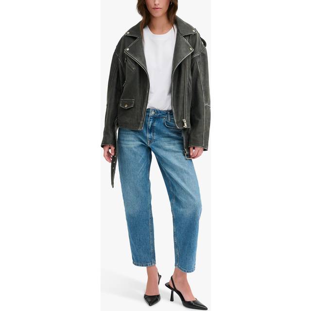 MY ESSENTIAL WARDROBE Gilo Retro Boxy Biker Leather Jacket, Medium Grey