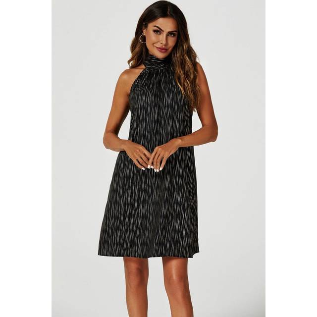 Gold Foil Halter Neck Tie Back Mini Dress In Black - XXL