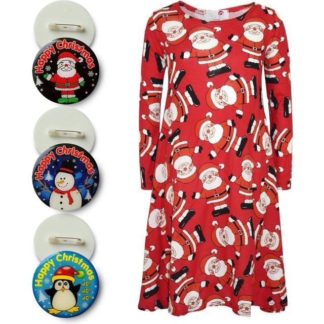 (7-8 Years, Santa Red) Girls Christmas Dress Kids Santa Xmas Fashion Dresses With A Free Badge 3-13 Year