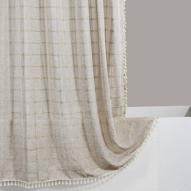 Shower Curtain in Tan, Wrinkle Free & Ultra Thick Cotton Linen Rustic Cottagecore Aesthetic Cute French Country Bathroom Shower Curtains Set, 72x72