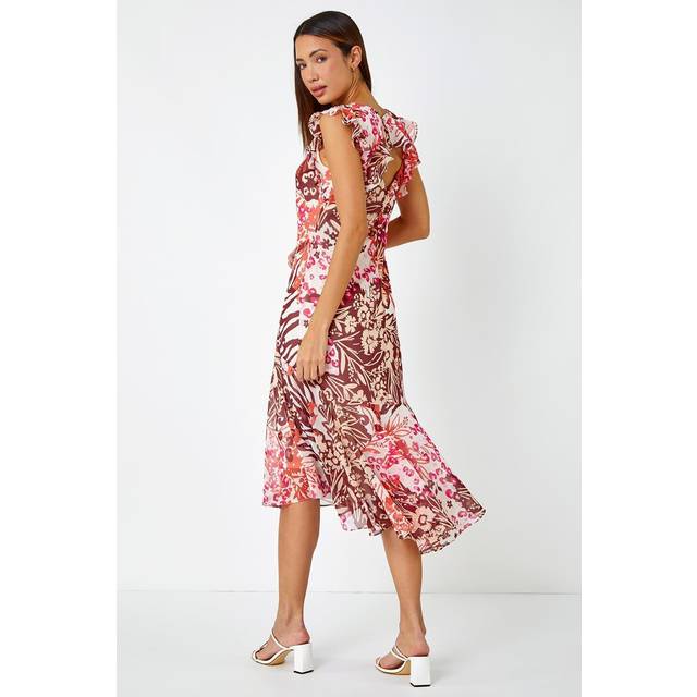 Floral print frill detail midi dress for women uk - ladies roman originals
