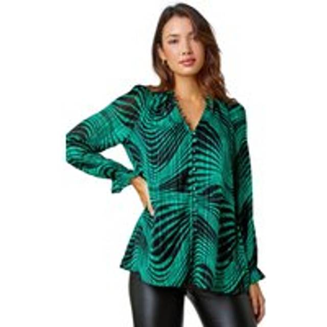 Roman Womens Metallic Print V-Neck Chiffon Blouse - Green Leather - Size 12 UK