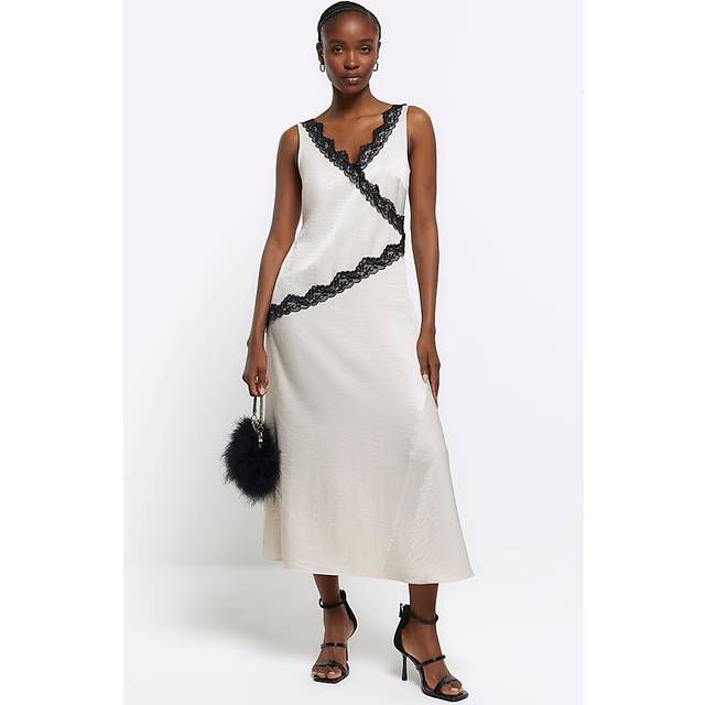 River Island Womens Slip Midi Dress Cream Lace Trim Cotton - Size 10 UK