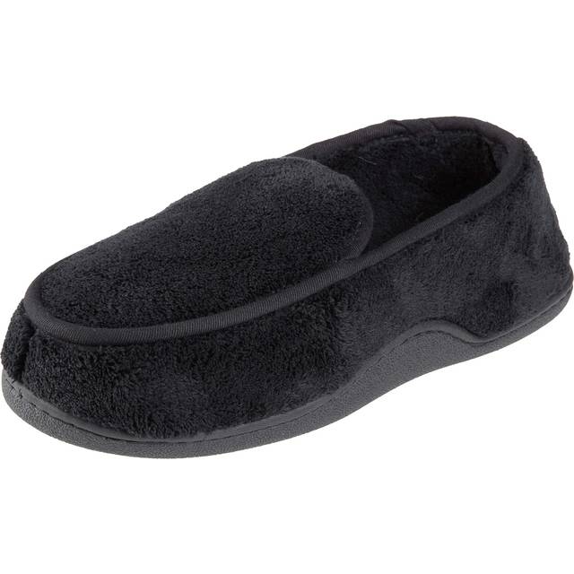 Isotoner Men&#39;s Microterry Memory Foam Indoor/Outdoor Slip-On Slippers - Black (Medium)