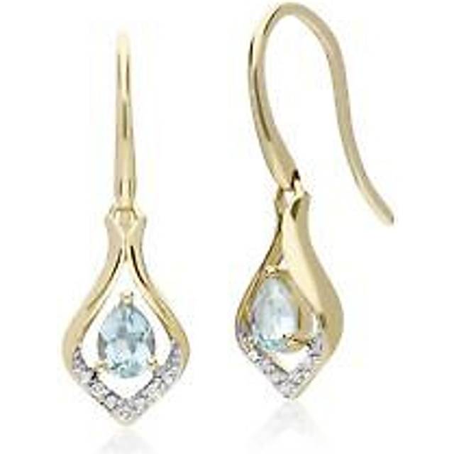 Classic Pear Aquamarine & Diamond Leaf Halo Drop Earrings in 9ct Yellow Gold