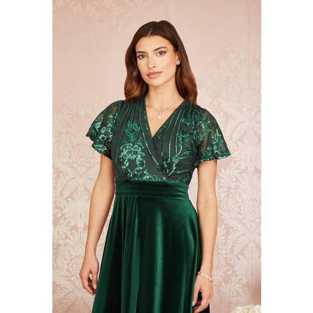 Green Embellished Velvet Wrap Skater Midi Dress - 12