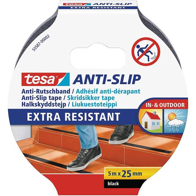 tesa Anti-Slip Tape - Non-Slip Adhesive Tape for Indoor and Outdoor Use - for Stairs, Ladders and Smooth Floors - Black - 5 m x 25 mm