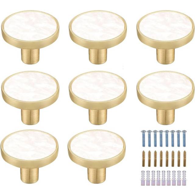 8 Pack White Marbled Brass Round Cabinet Knobs - White Decorative Drawer Knobs - Gold Dresser Knobs for Kitchen Furniture, Clothes Hooks