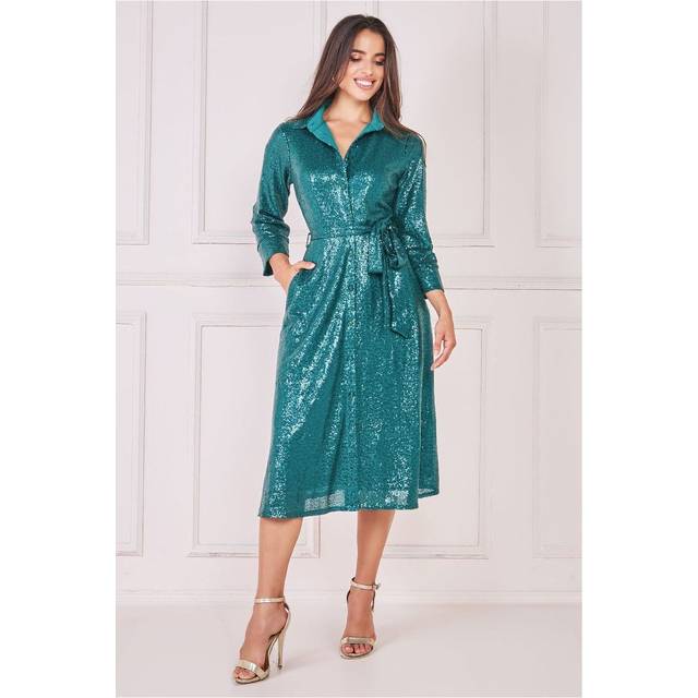 Sequin Skater Shirt Dress - Emerald - 12