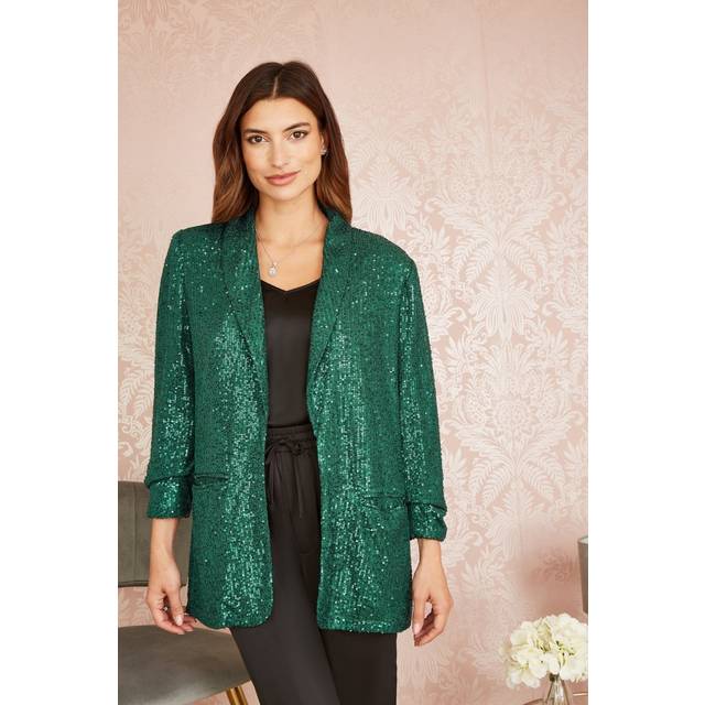 Yumi Womens Green Sequin Blazer With Pockets - Size 8 UK