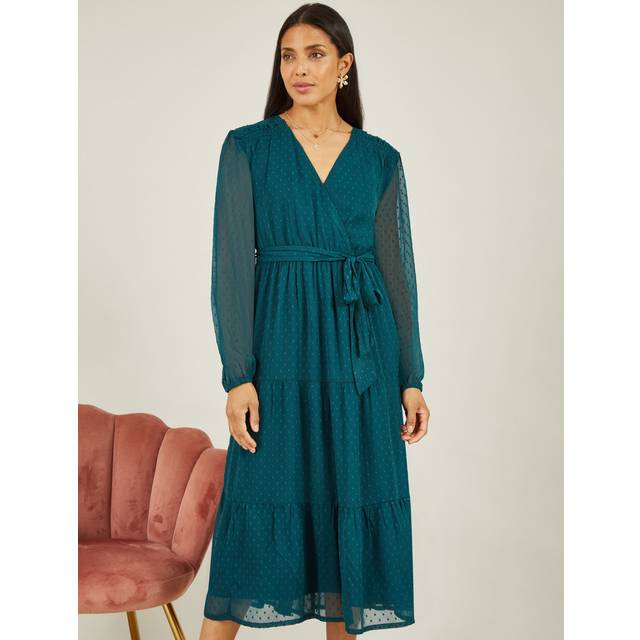 Yumi Womens Green Recycled Dobby Spot Long Sleeve Midi Wrap Dress - Size 8 UK
