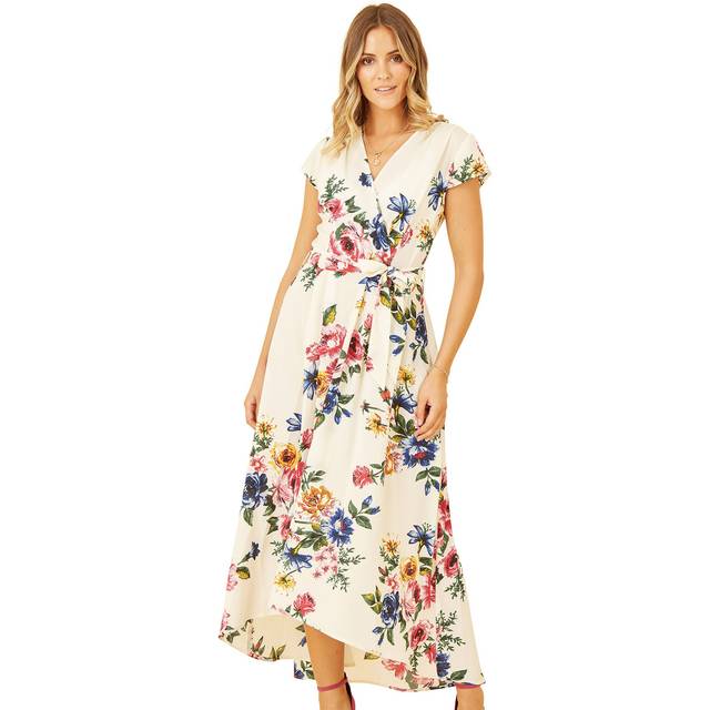 Mela London Womens Ivory Floral Wrap Dip Hem Dress - Size 8 UK