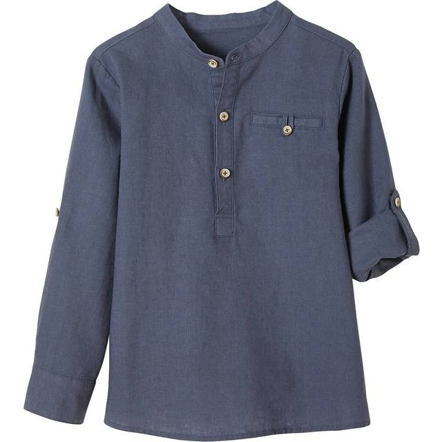 Shirt in Linen/Cotton, Mandarin Collar, Long Sleeves, for Boys blue bright solid - BLUE BRIGHT SOLID