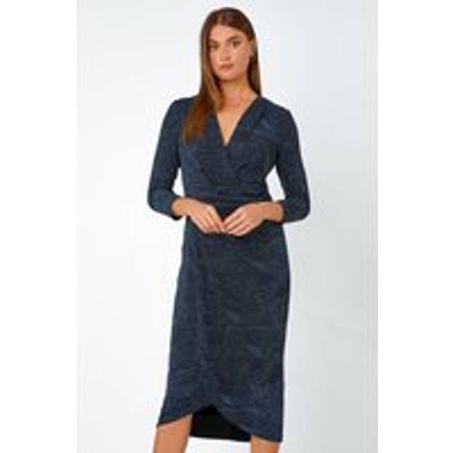 Roman Glitter Print Stretch Wrap Midi Dress Royal 14