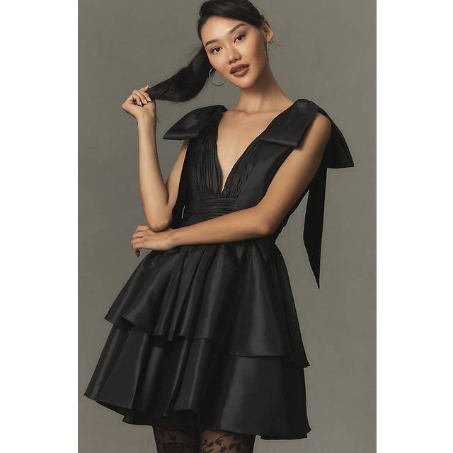 Mac Duggal Oversized Bow Deep V Ruffle Mini Dress