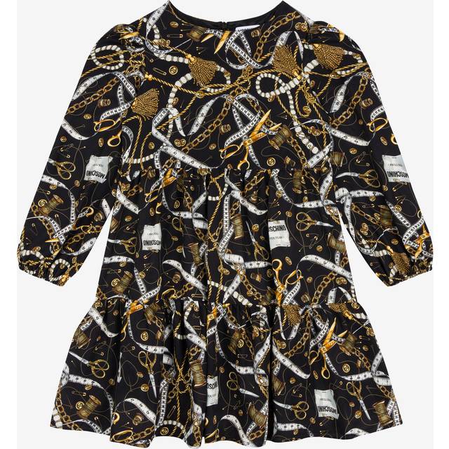 Moschino, Dresses, female, Multicolor, 8 Y, Chain Print Black Dress with Ruffled Hem