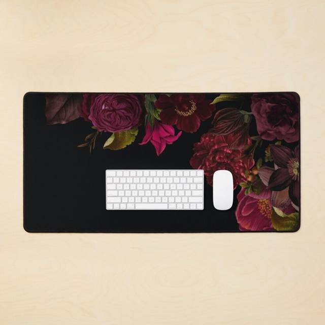 Desk Mat Antique dark red roses and other flowers on black  Large Gaming Mouse Pad 35x16 inch