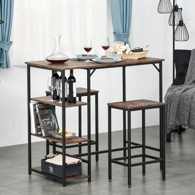 HOMCOM Bar Height Dining Table Set with 2 Stools and Side Shelf - Rustic Brown