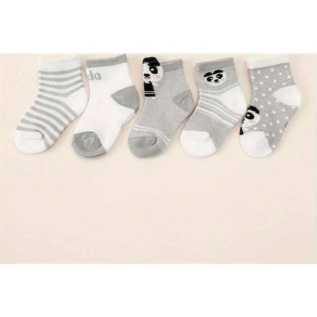 5pairs Baby Boys Socks Cartoon Panda Animal Grey Mesh Cotton Breathable Crew Socks For Kids Children Toddler