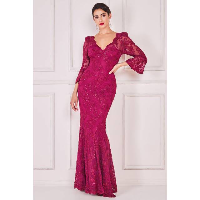 Scalloped Lace Maxi Dress - Burgundy by Goddiva - 14