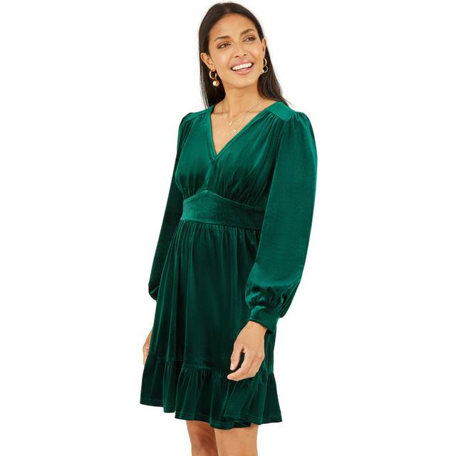 Green Velvet Long Sleeve Skater Dress - 12