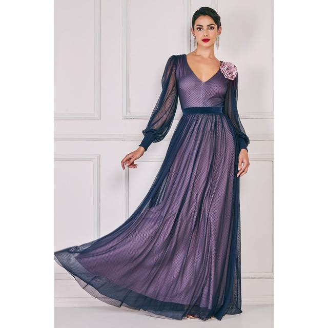 Goddiva Corsage V-Neck Dobby Mesh Maxi - Blue - 8